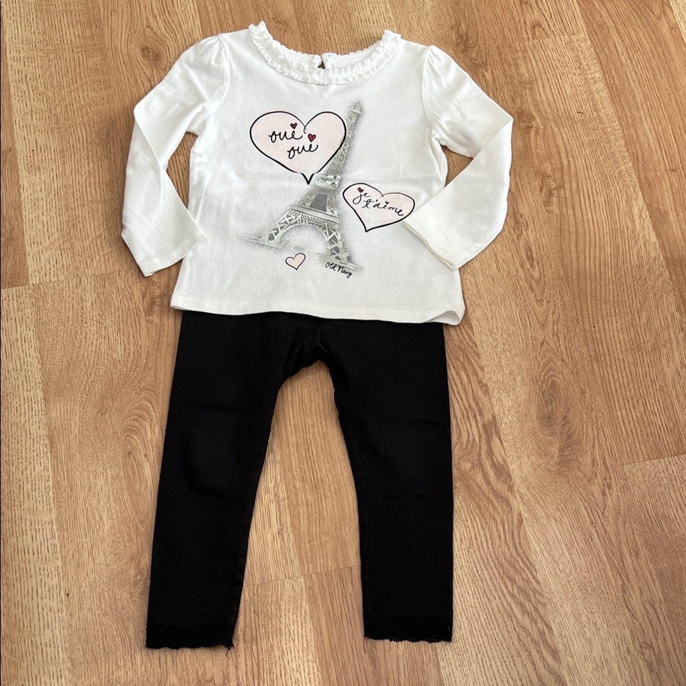 Old Navy White & Black Eiffel Tower Long Sleeve Tee & Black Lace Trim Leggings